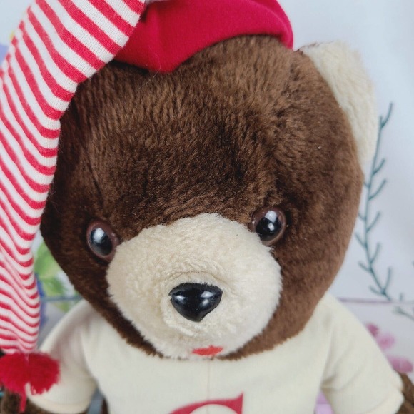 Circus Circus 🎪 Teddy Bear Plush 15" Vtg Red Striped Hat Brown Stuffed Animal - Picture 2 of 5